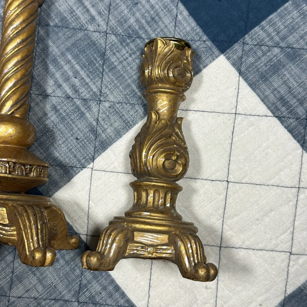 Vtg Regency Baroque Style Bronze Gold Ceramic Candle Stick Holders Set Of 3